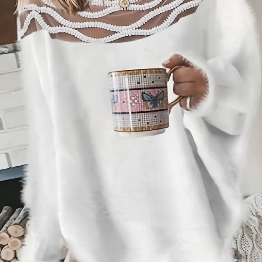 White Fuzzy Sweater with Lace Detail